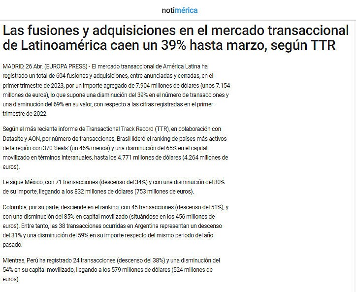 Las fusiones y adquisiciones en el mercado transaccional de Latinoamrica caen un 39% hasta marzo, segn TTR